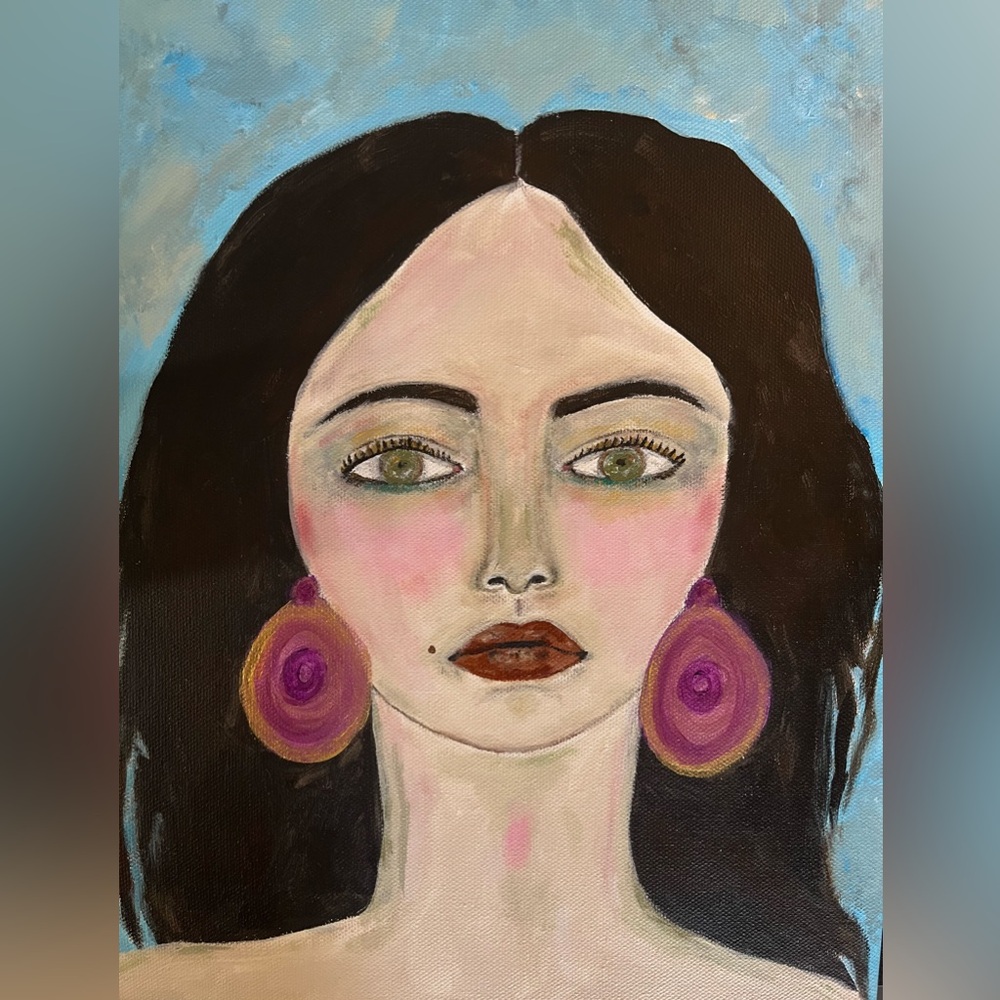 Original art Abstract Portrait Painting of woman with large earrings